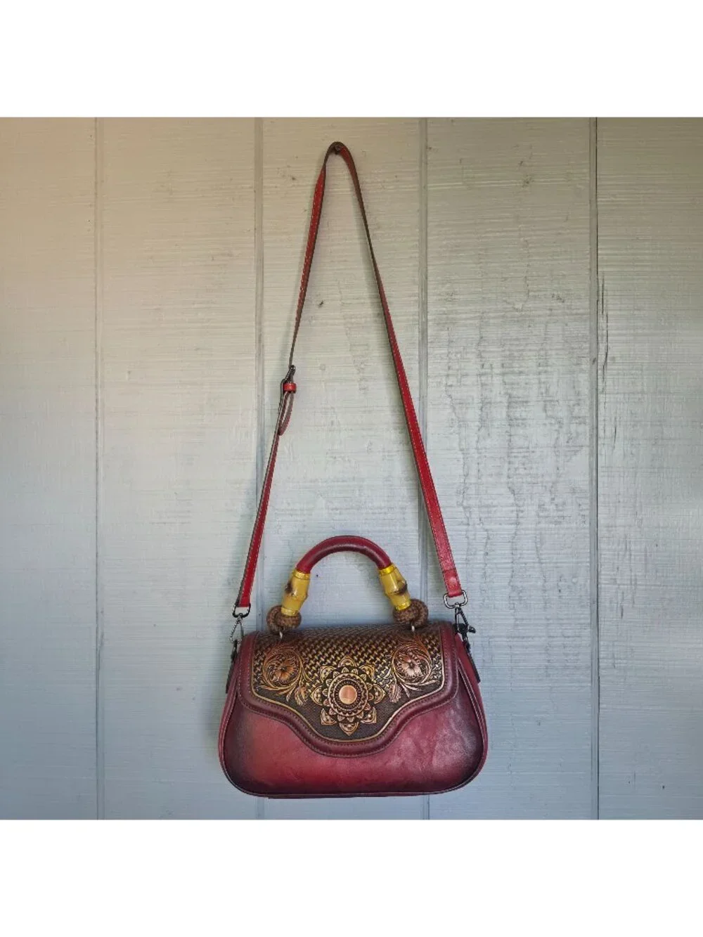 Tooled Floral Western Satchel Bag Burgundy Boho Crossbody Festival Concert